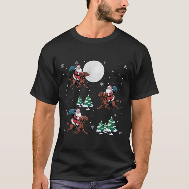 Xmas Tree Santa Riding Irish Setter Dog Funny Chri T-Shirt (Front)