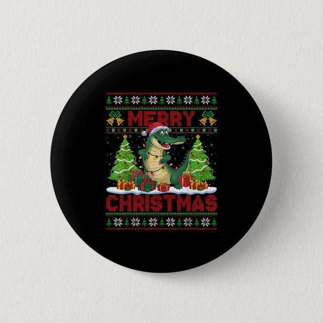 Xmas Tree Ugly Style Santa Hat Alligator Christmas 2 Inch Round Button (Front)