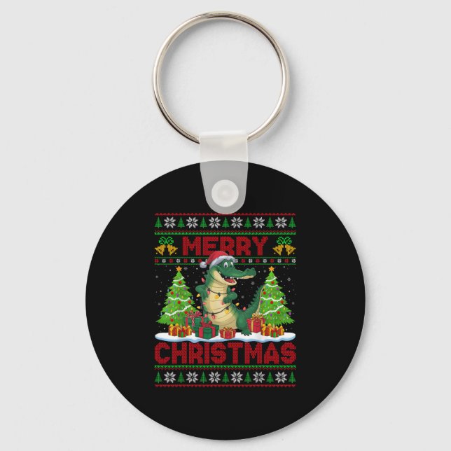 Xmas Tree Ugly Style Santa Hat Alligator Christmas Keychain (Front)