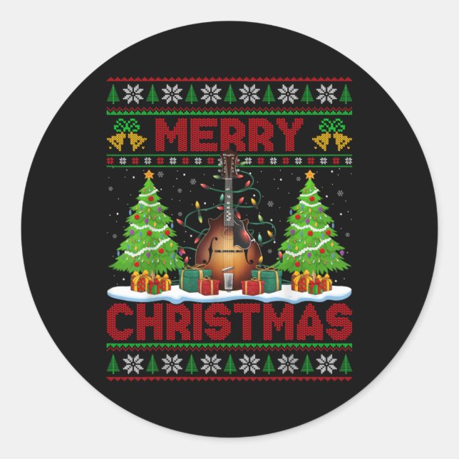 Xmas Tree Ugly Style Santa Musical Mandolin Christ Classic Round Sticker (Front)