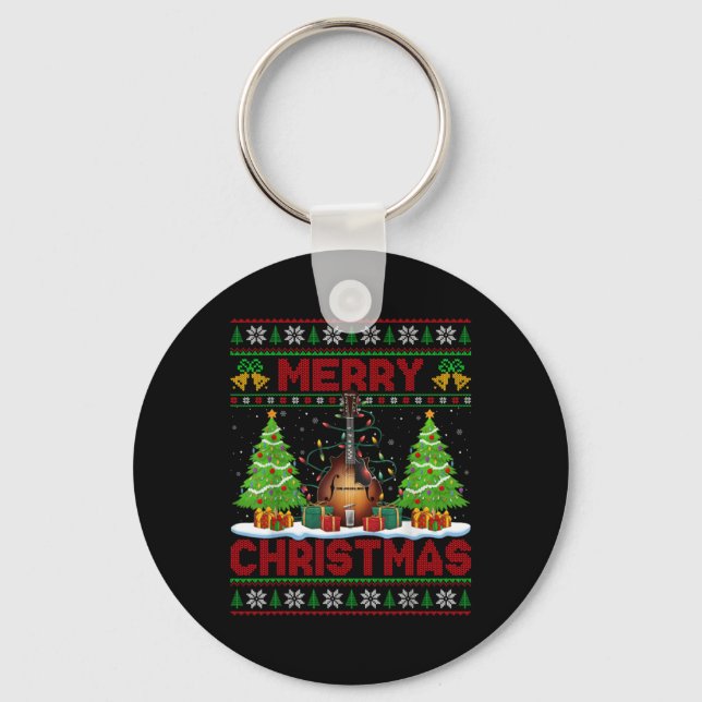 Xmas Tree Ugly Style Santa Musical Mandolin Christ Keychain (Front)