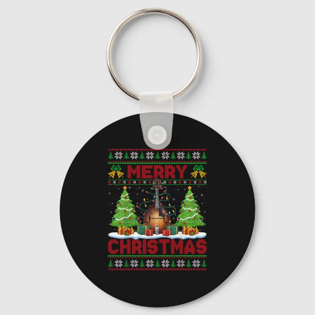 Xmas Tree Ugly Style Santa Musical Mandolin Christ Keychain (Front)