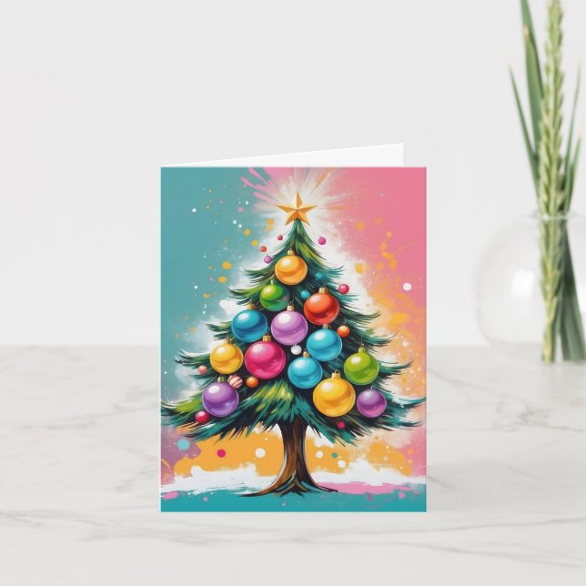 Xmas Tree with Colourful Shiny Ornaments  Holiday Card (Front)