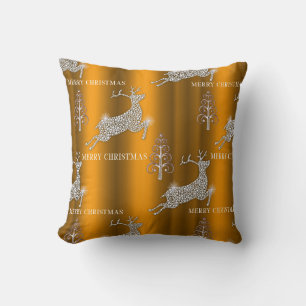 Xmas Trees and Diamond Reindeer Gold Christmas Throw Pillow
