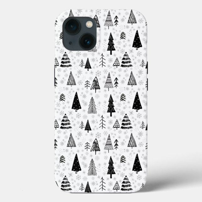 Xmas Trees & Snowflakes Black and White Pattern Case-Mate iPhone Case (Back)