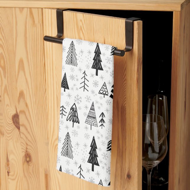 Xmas Trees & Snowflakes Black and White Pattern Kitchen Towel (Thirds Fold)