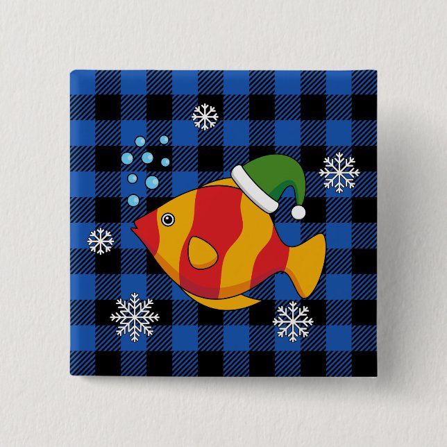 Xmas Tropical Fish Cartoon on Blue Buffalo Pattern 2 Inch Square Button (Front)