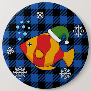Xmas Tropical Fish Cartoon on Blue Buffalo Pattern 6 Inch Round Button