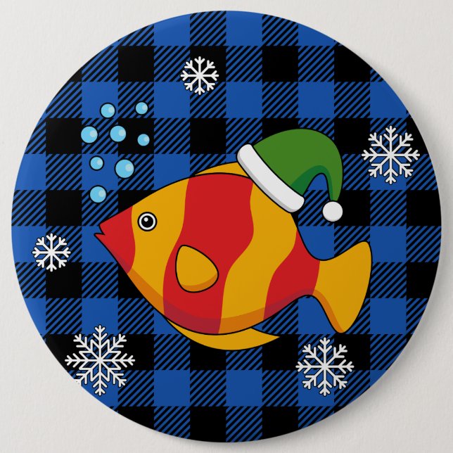 Xmas Tropical Fish Cartoon on Blue Buffalo Pattern 6 Inch Round Button (Front)