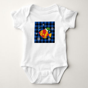 Xmas Tropical Fish Cartoon on Blue Buffalo Pattern Baby Bodysuit