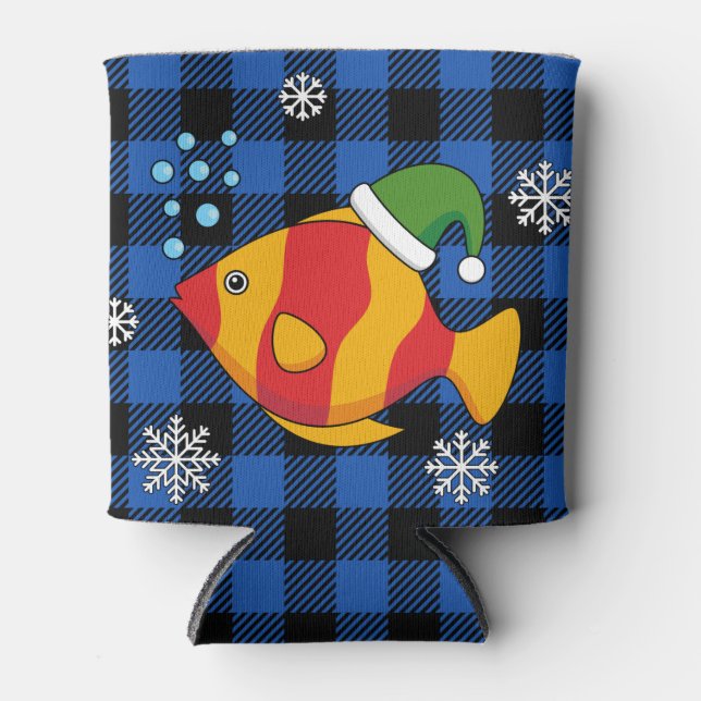 Xmas Tropical Fish Cartoon on Blue Buffalo Pattern Can Cooler (Front)
