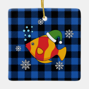 Xmas Tropical Fish Cartoon on Blue Buffalo Pattern Ceramic Ornament