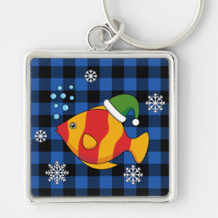 Xmas Tropical Fish Cartoon on Blue Buffalo Pattern Keychain