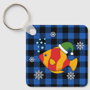 Xmas Tropical Fish Cartoon on Blue Buffalo Pattern Keychain
