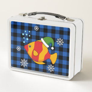 Xmas Tropical Fish Cartoon on Blue Buffalo Pattern Metal Lunch Box