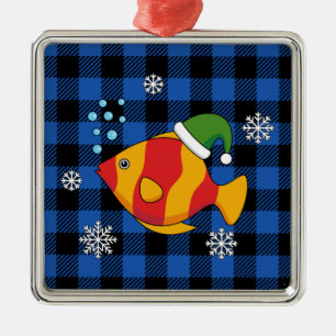 Xmas Tropical Fish Cartoon on Blue Buffalo Pattern Metal Ornament