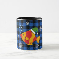 Xmas Tropical Fish Cartoon on Blue Buffalo Pattern