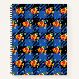 Xmas Tropical Fish Cartoon on Blue Buffalo Pattern Notebook