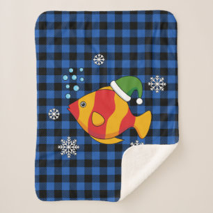 Xmas Tropical Fish Cartoon on Blue Buffalo Pattern Sherpa Blanket