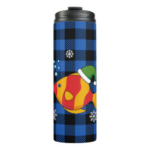 Xmas Tropical Fish Cartoon on Blue Buffalo Pattern Thermal Tumbler