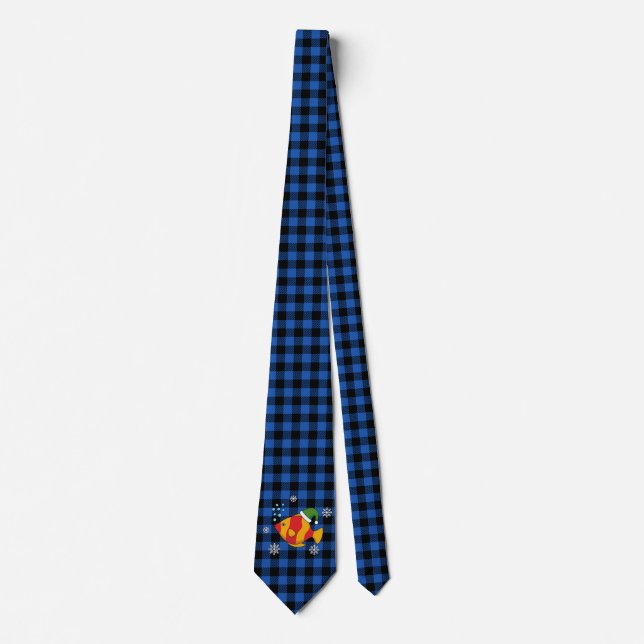Xmas Tropical Fish Cartoon on Blue Buffalo Pattern Tie (Front)