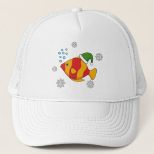 Xmas Tropical Fish Cartoon on Blue Buffalo Pattern Trucker Hat