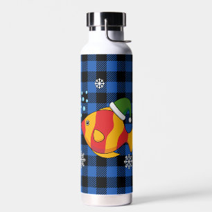 Xmas Tropical Fish Cartoon on Blue Buffalo Pattern Water Bottle