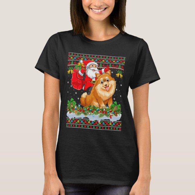 Xmas Ugly Santa Riding Pomeranian T-Shirt (Front)