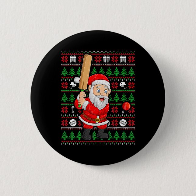 Xmas Ugly Sweater Style Santa Playing Cricket Chri 2 Inch Round Button (Front)