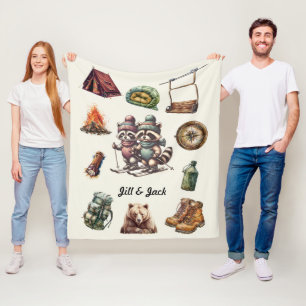 Xmas Vintage Ski Couple Raccoon Outdoor Off White Fleece Blanket