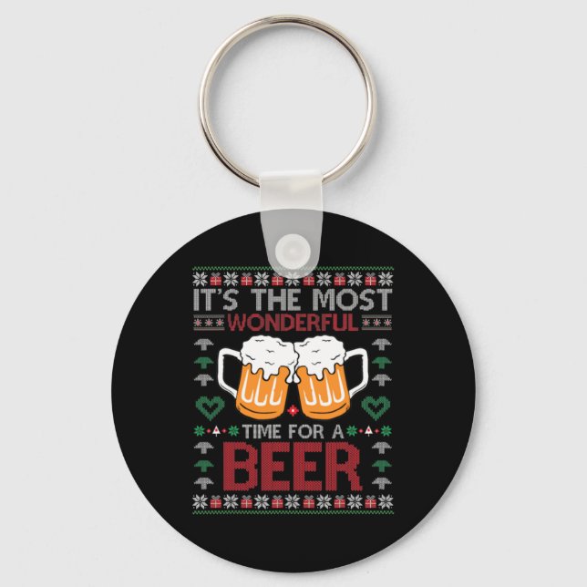Xmas Wonderful Time For A Beer Ugly Christmas S  Keychain (Front)