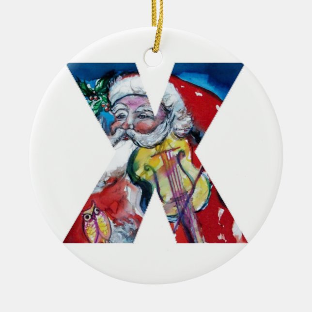 XMAS X LETTER /SANTA  CLAUS WITH VIOLIN MONOGRAM CERAMIC ORNAMENT (Front)