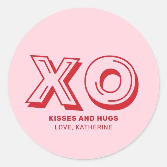 XO kisses and hugs pink red modern custom text Classic Round Sticker (Front)