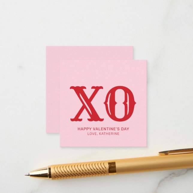 XO pink and red typography cute valentine's Day Enclosure Card (Front/Back In Situ)