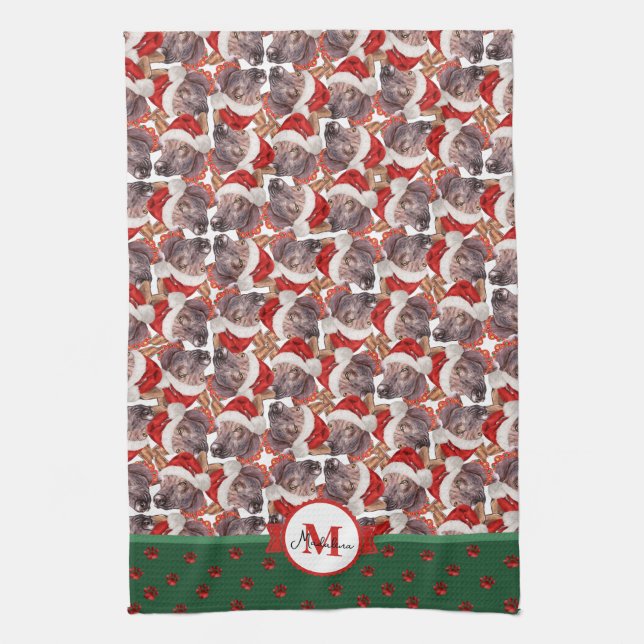 Xoloitzcuintle Pattern Monogram Christmas Dog Kitchen Towel (Vertical)