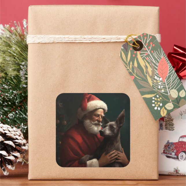 Xoloitzcuintli With Santa Claus Festive Christmas Square Sticker (Holiday)