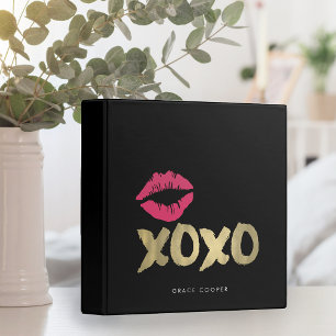 XOXO Faux Gold & Pink Lips Black Binder