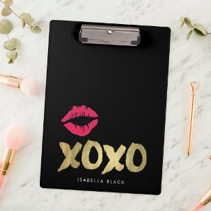 XOXO Faux Gold & Pink Lips   Black Clipboard