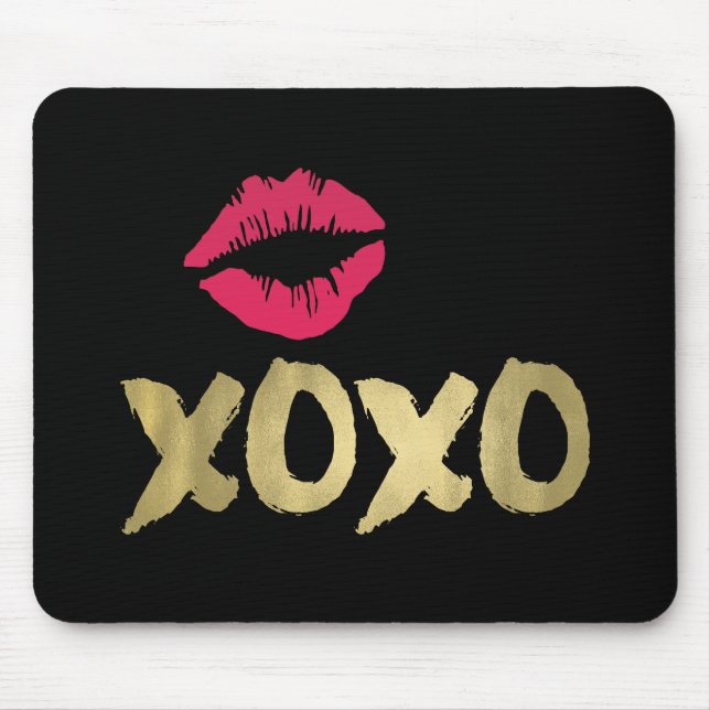 XOXO Faux Gold & Pink Lips | Black Mouse Pad (Front)