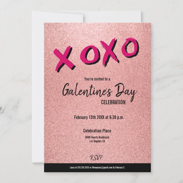 XOXO Galentine's Day Rose Gold Valentines Party Invitation (Front)