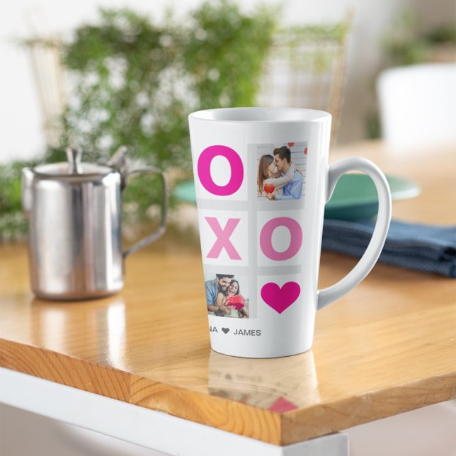 XOXO Happy Valentine's Day Pink Heart Custom Photo Latte Mug (Creator Uploaded)