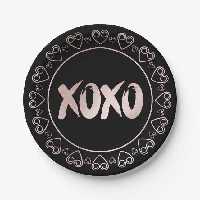 XOXO Hearts Blush Pink | Hand Lettered Brushstroke Paper Plate (Front)