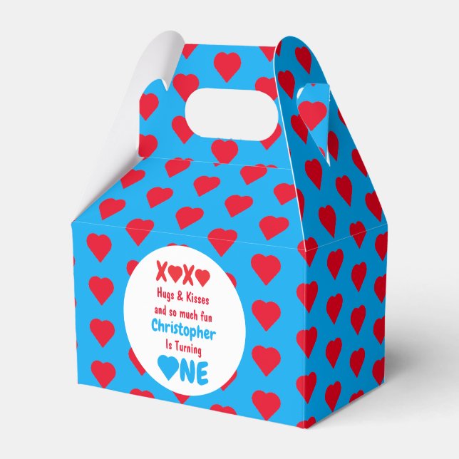 XOXO Hugs and Kisses 1st Birthday Favor Box (Front Side)