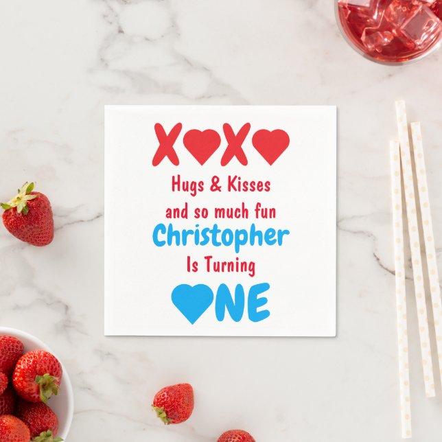 XOXO Hugs and Kisses 1st Birthday Napkin (Insitu)