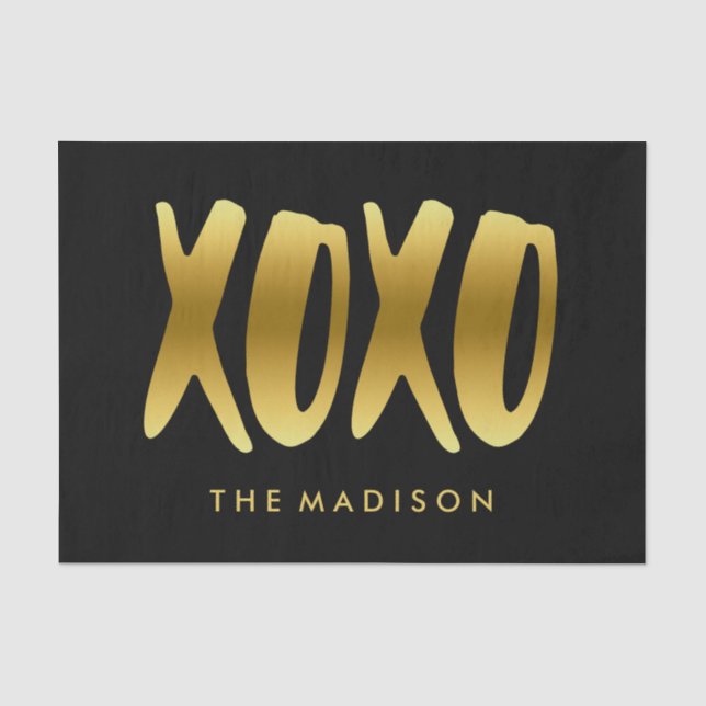 XOXO Hugs and Kisses Faux Gold Typography Black Tissue Paper (Front)