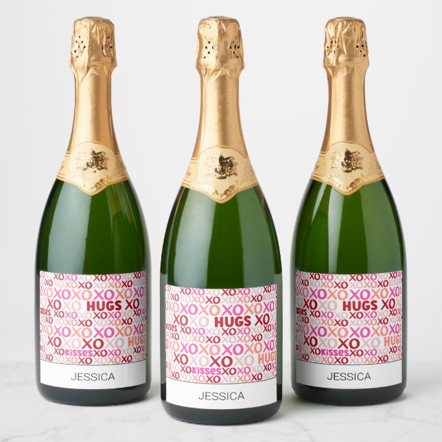 XOXO Hugs and Kisses Pink Red Galentines Day Party Sparkling Wine Label (Bottles)