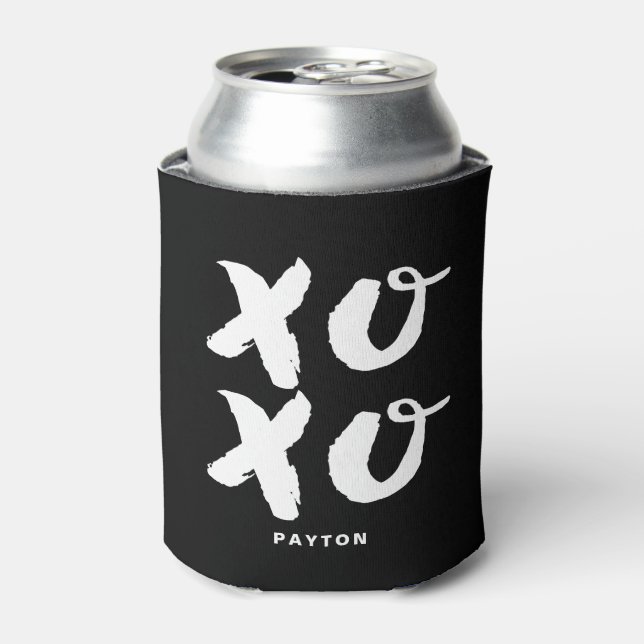 XOXO Hugs & Kisses Brush Typography Black Can Cooler (Can Front)