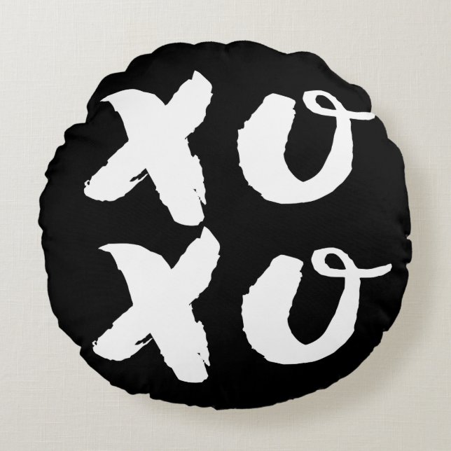 XOXO Hugs & Kisses Brush Typography Black Round Pillow (Front)