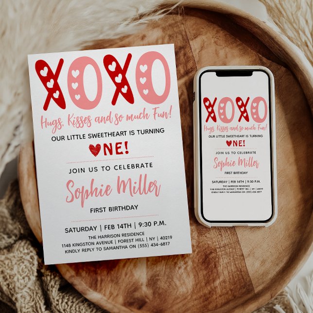 XOXO Hugs & Kisses Valentine's Day 1st Birthday Invitation (Creator Uploaded)