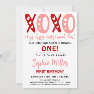 XOXO Hugs & Kisses Valentine's Day 1st Birthday Invitation